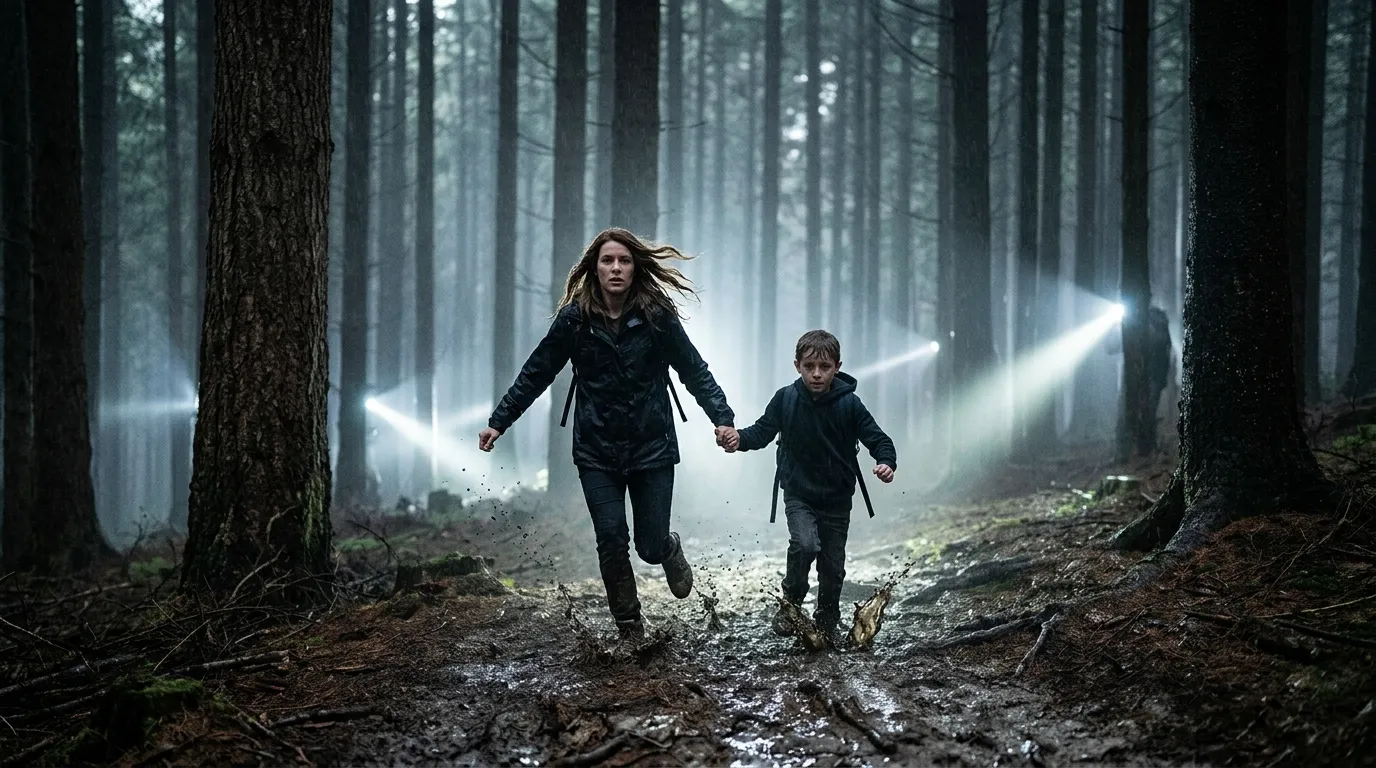 A mother and her son running through a dark forest while flashlights search for them