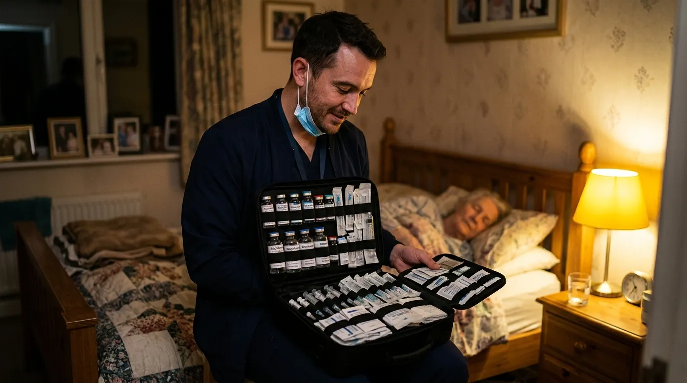 A compassionate male nurse holding an open medical case with sterile vials in a dimly lit bedroom
