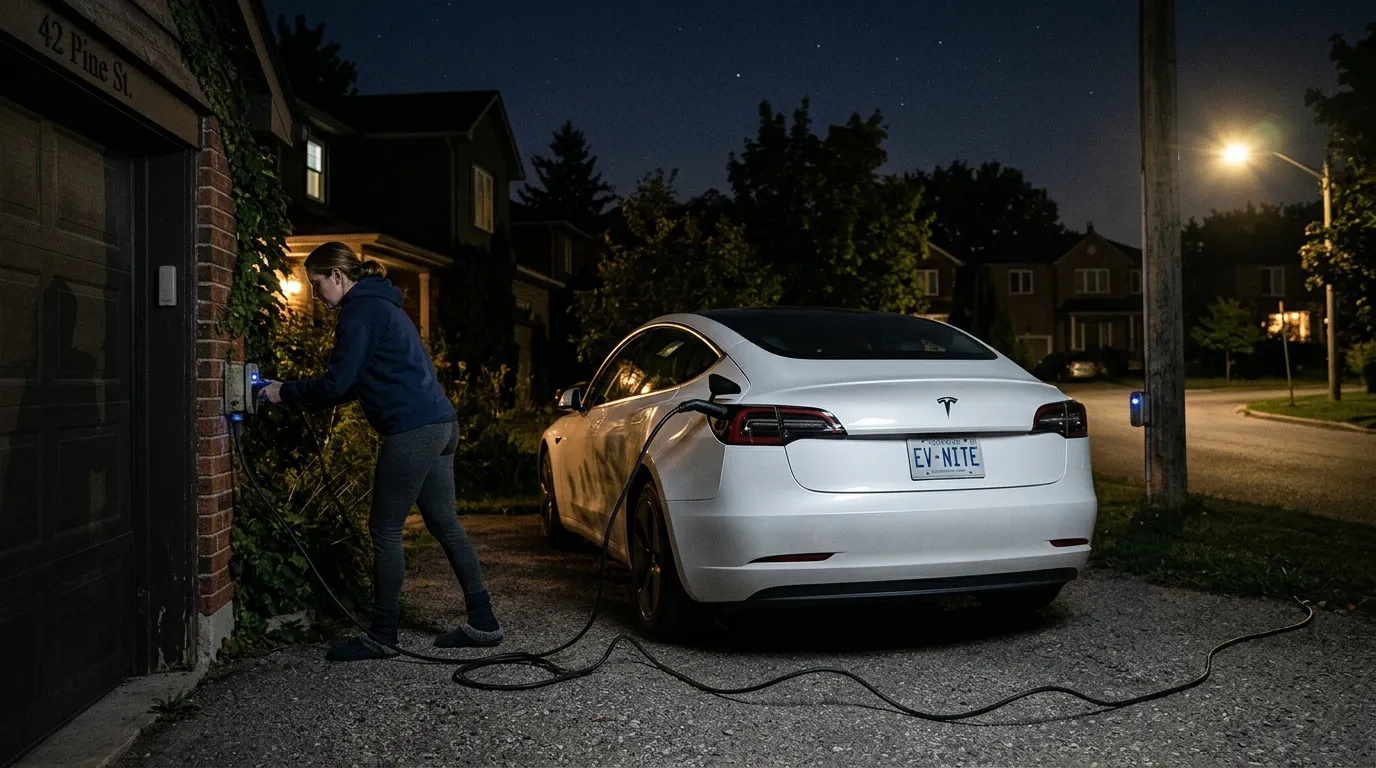 Woman plugging an electric car charger into a neighbor's house at night