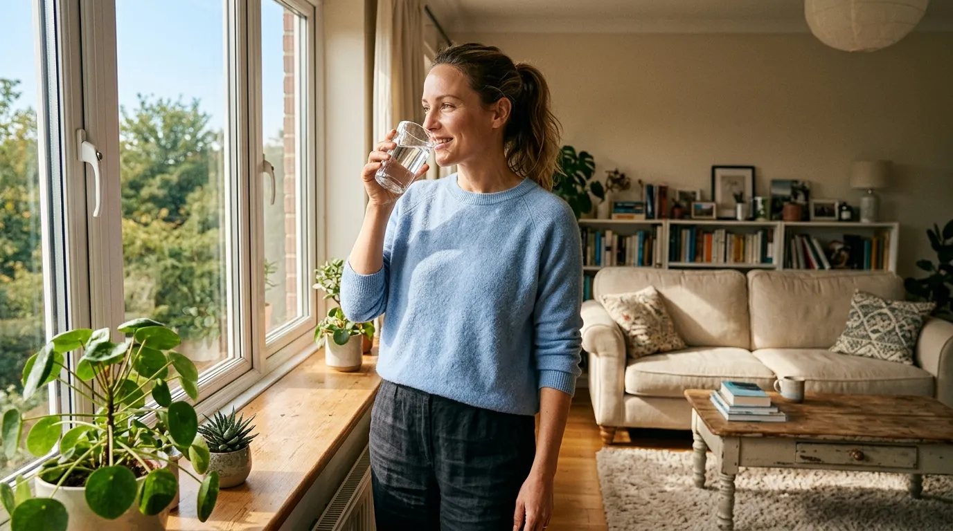 A healthy person drinking a glass of clear water by a sunny window