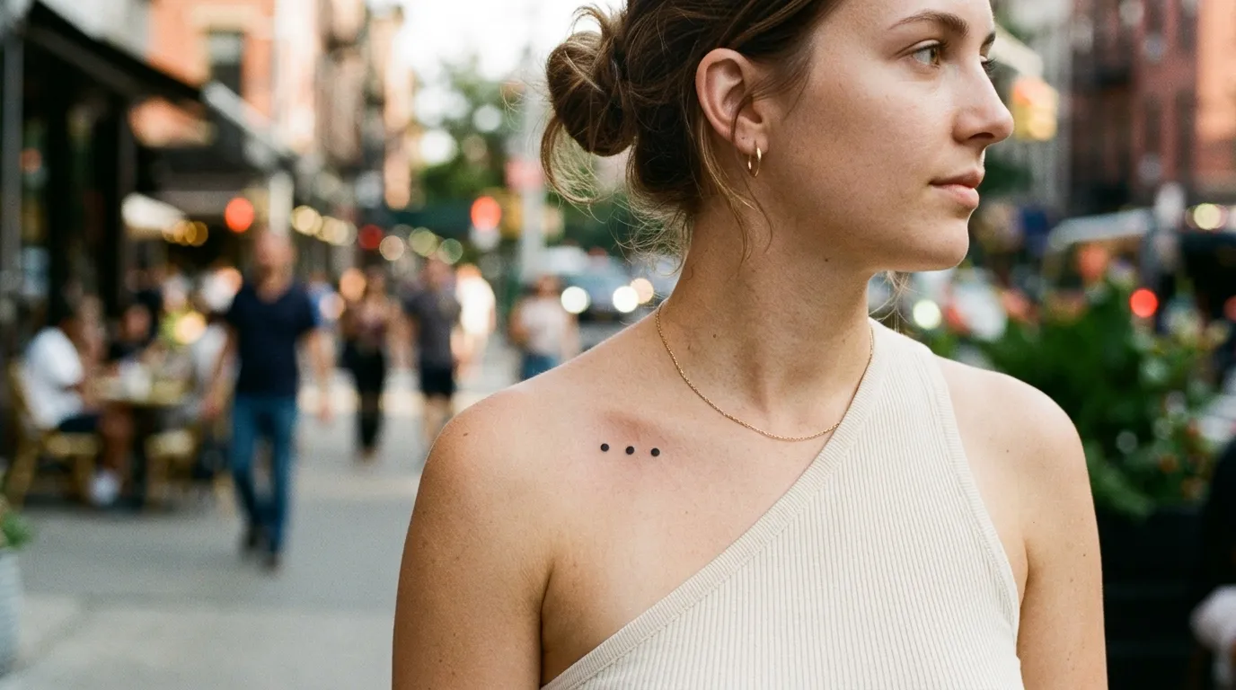 Artistic photograph of a minimalist three-dot tattoo on a person's shoulder.