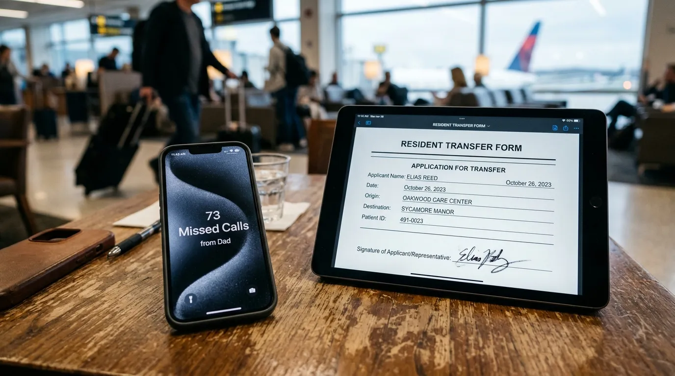 A smartphone showing 73 missed calls next to a tablet displaying a forged legal document.