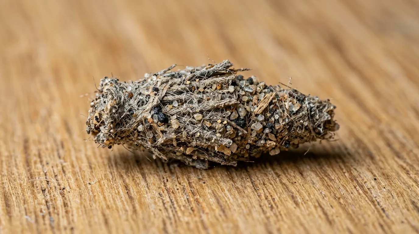A tiny larva peeking out of its dust-covered case, moving along a baseboard.