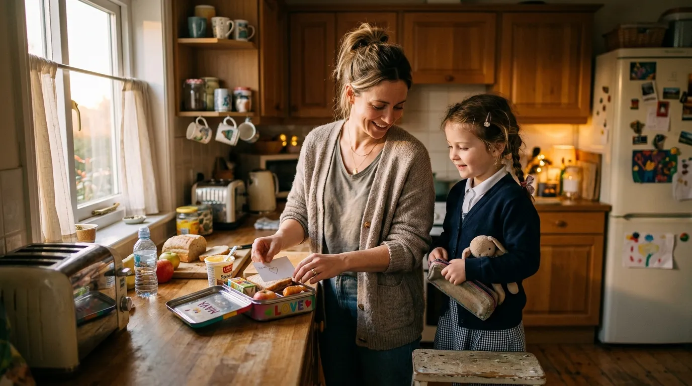 Mother packing lunch in a modest kitchen