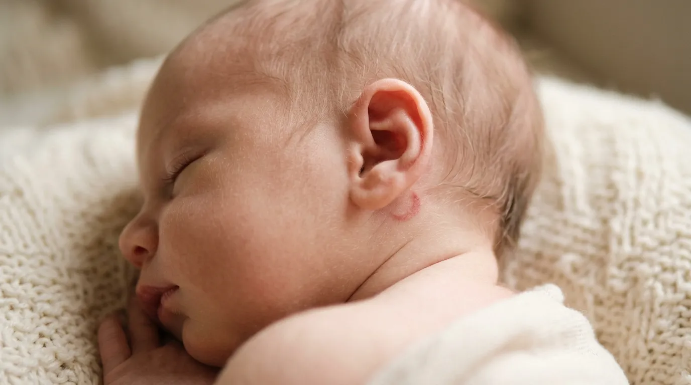 Close-up of a tiny crescent-shaped birthmark behind a newborn's ear