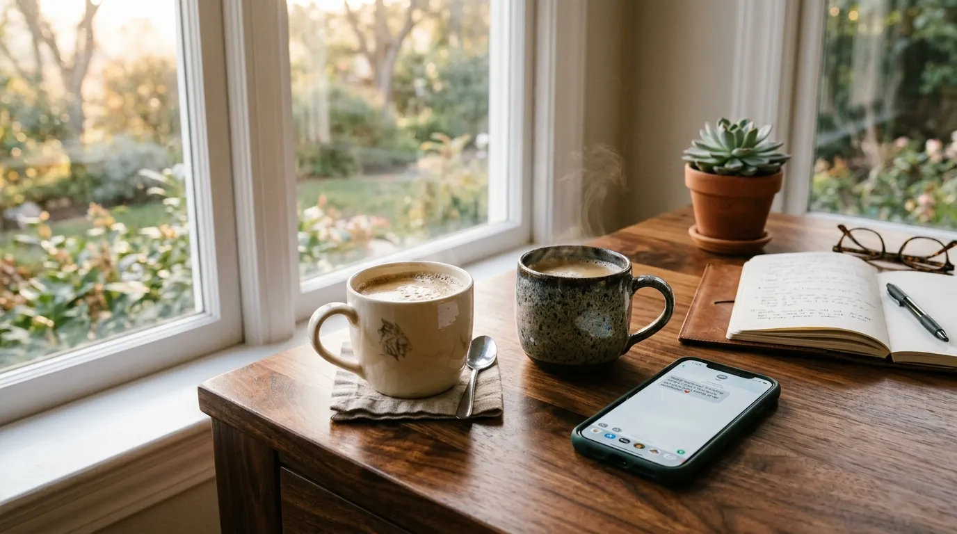 Two cups of black coffee sitting on a polished wooden desk in the soft morning light, next to a modern smartphone displaying a heartwarming text message.