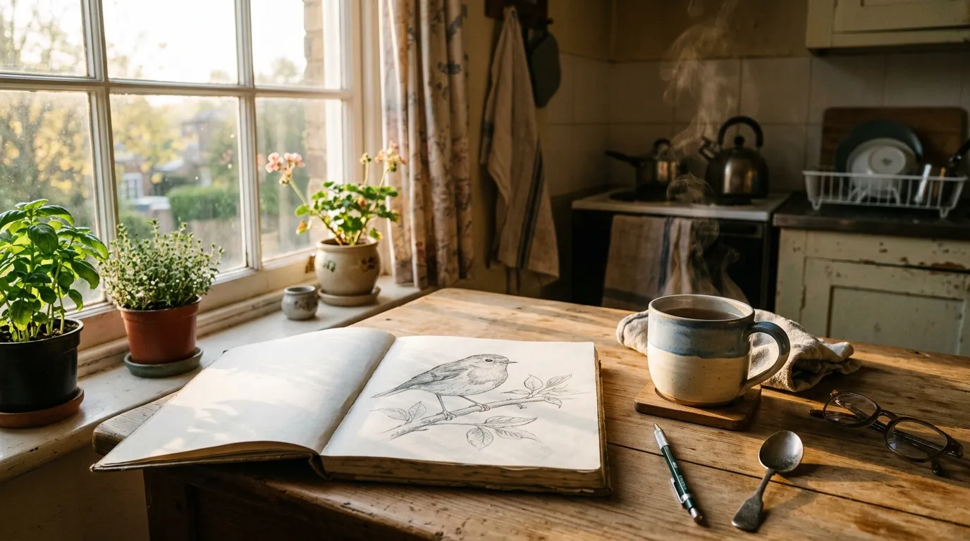 A pencil sketch of a bird on a kitchen table bathed in warm morning light