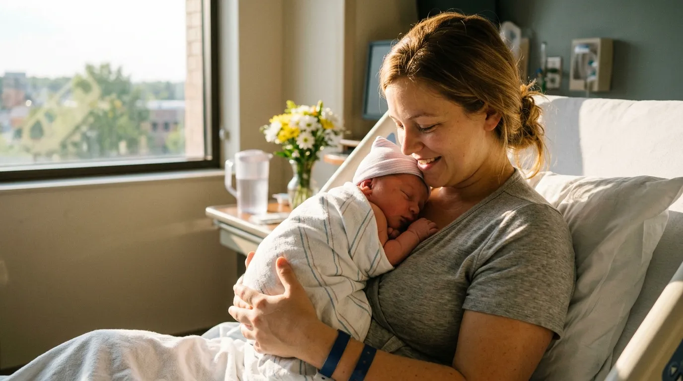 A young mother lovingly cradling her newborn baby close to her chest in a sunlit hospital room.