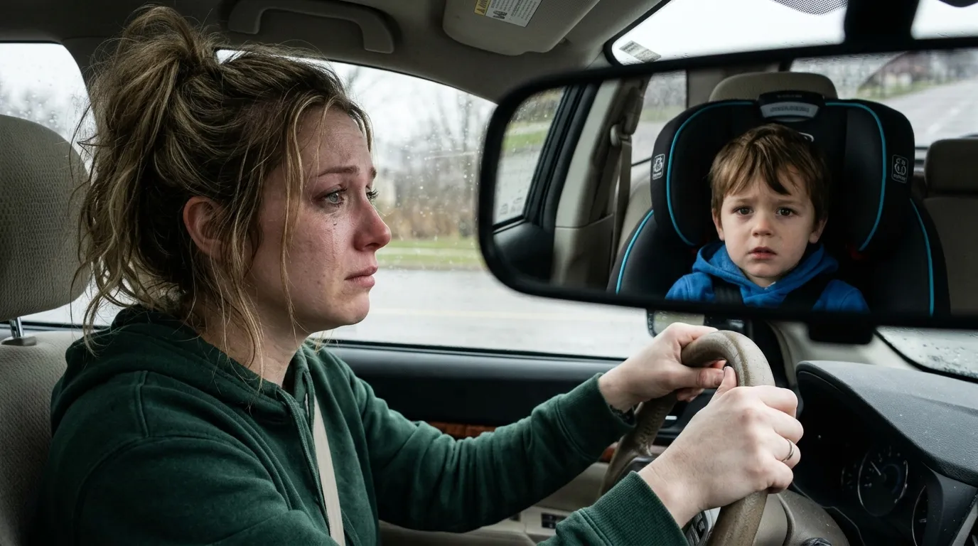 A stressed mother gripping the steering wheel while her son watches from the back seat