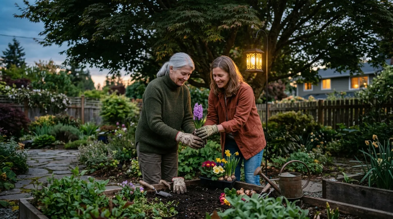 Two women standing peacefully in a backyard garden at dusk near a large maple tree