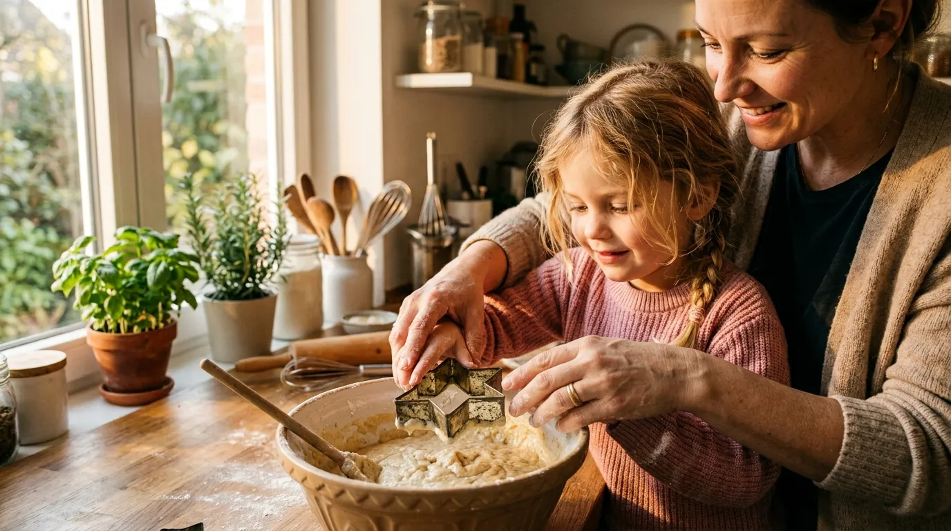 A mother guiding her young daughter's hands to press a star-shaped cutter into pancake batter in a sunny kitchen.
