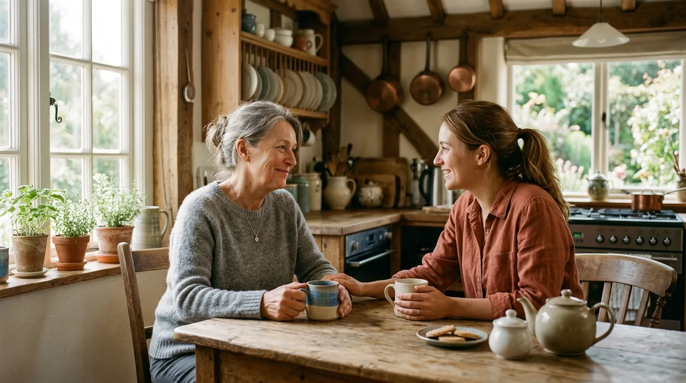 A mother and daughter sitting peacefully at a rustic kitchen table drinking coffee