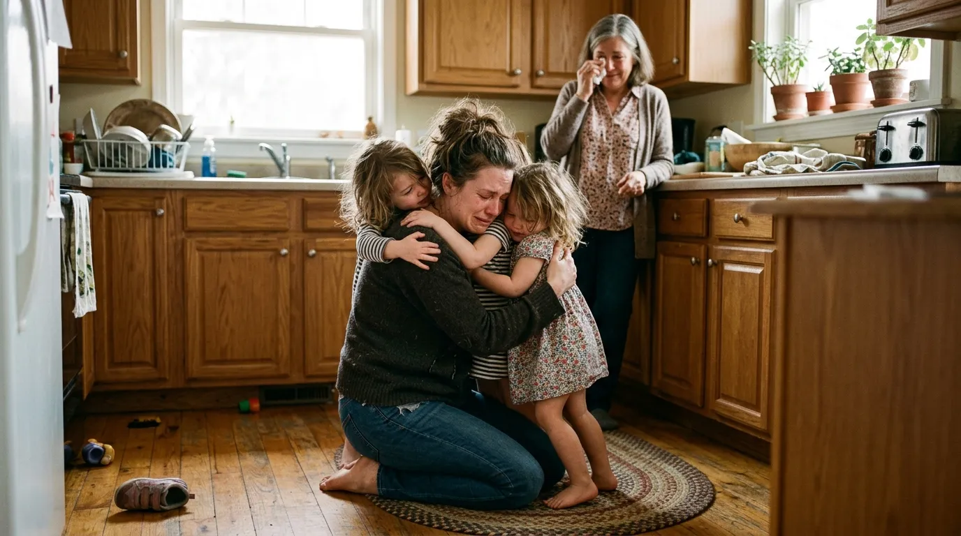 An emotional reunion between a bruised mother and her twin daughters