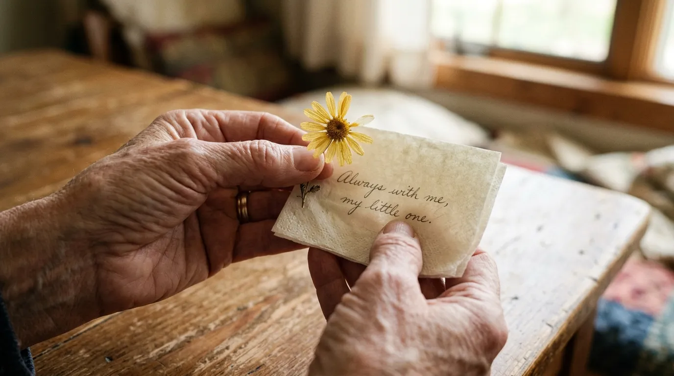 Close up of a mother's trembling hands holding a dried yellow daisy and a handwritten note