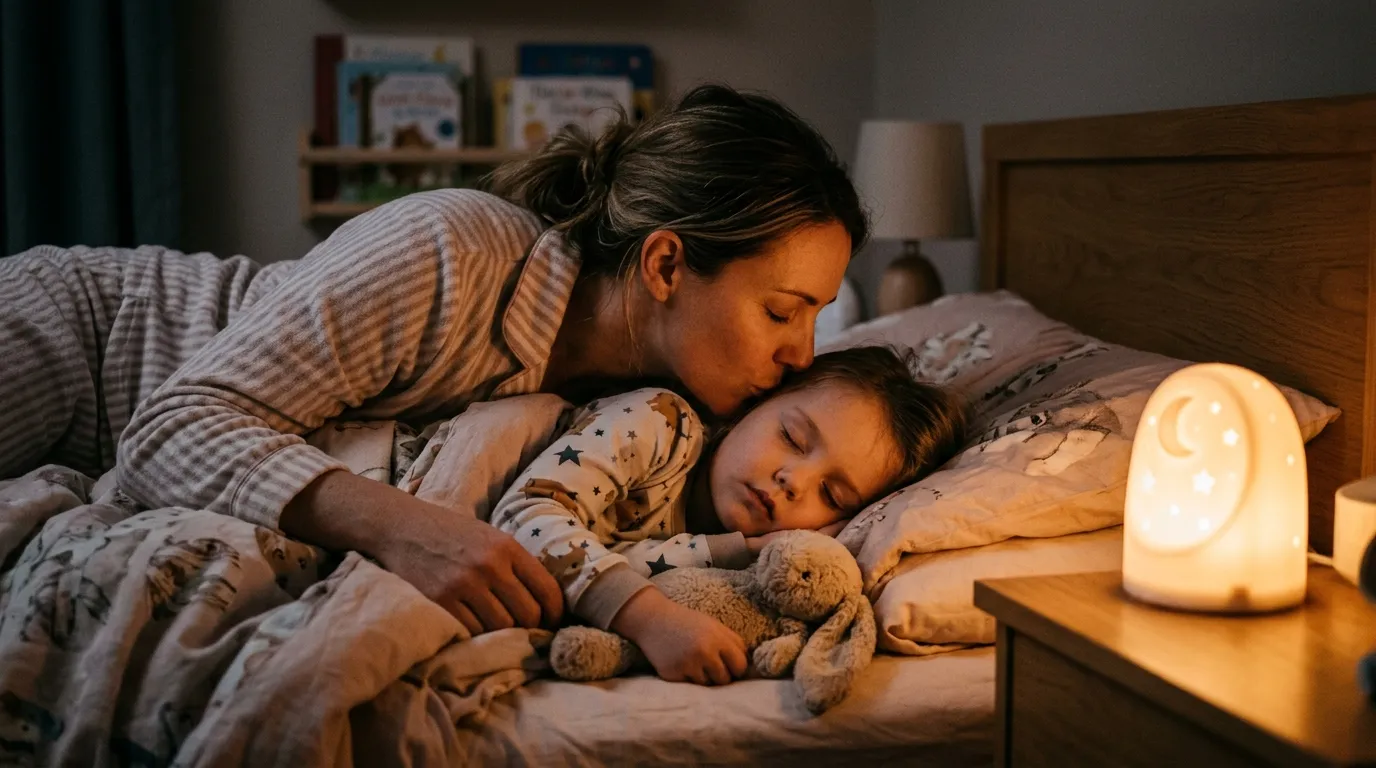 Mother gently kissing her sleeping daughter on the forehead in a dimly lit bedroom