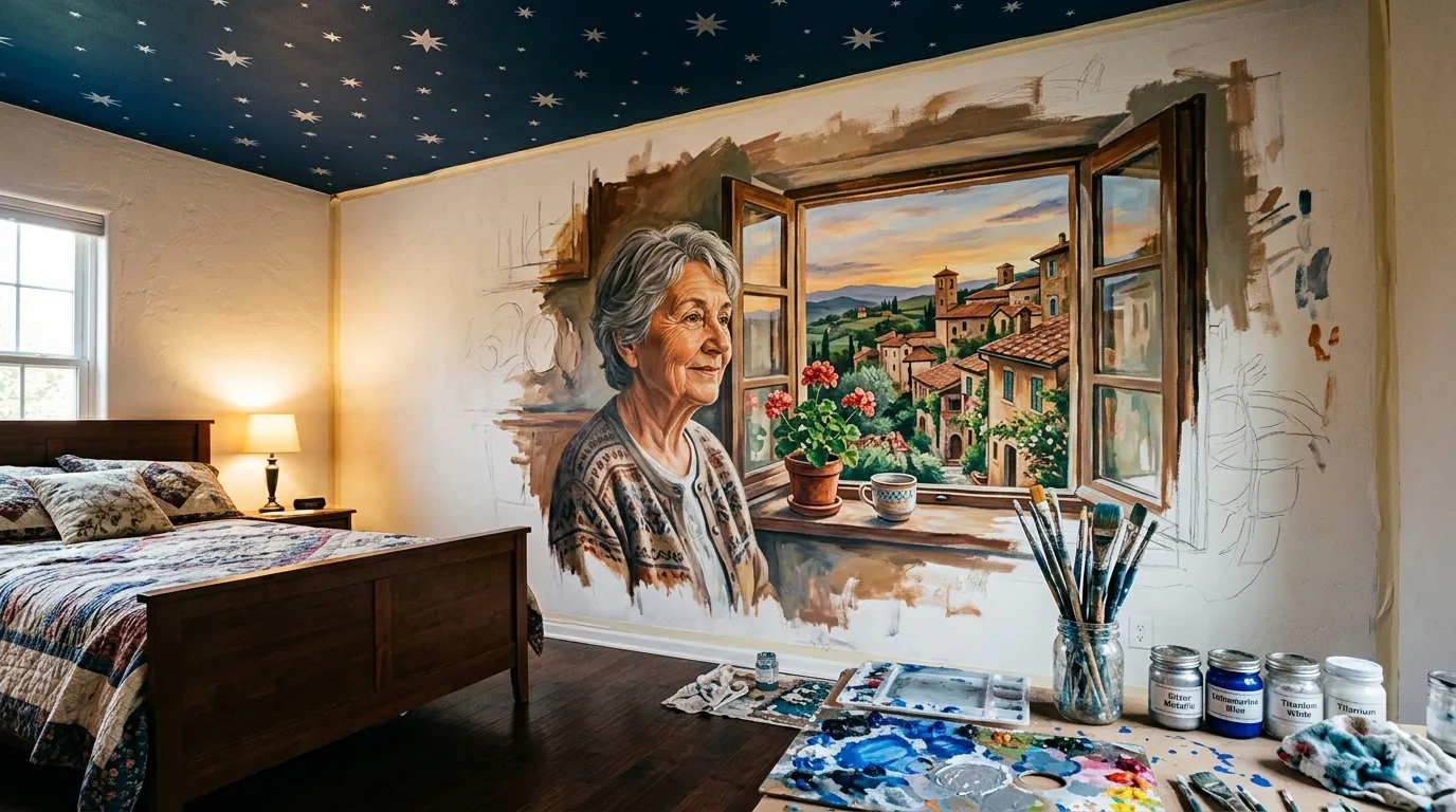 A beautiful mural of a woman's face and silver stars painted on a bedroom wall