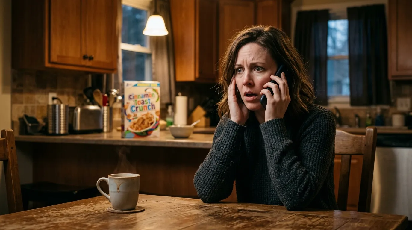 A woman sitting at a kitchen table, looking shocked and clutching her smartphone tightly.