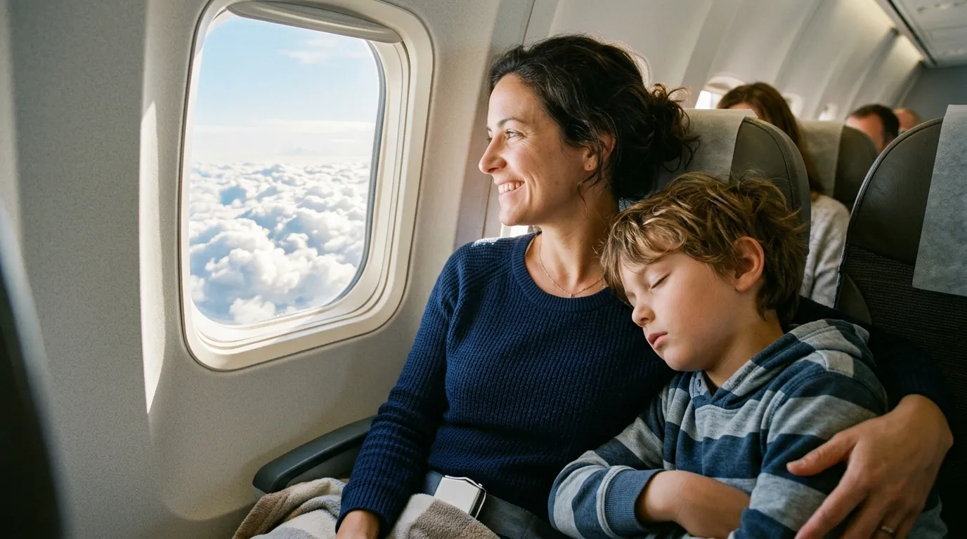 A mother looking peacefully out an airplane window while her son sleeps on her shoulder