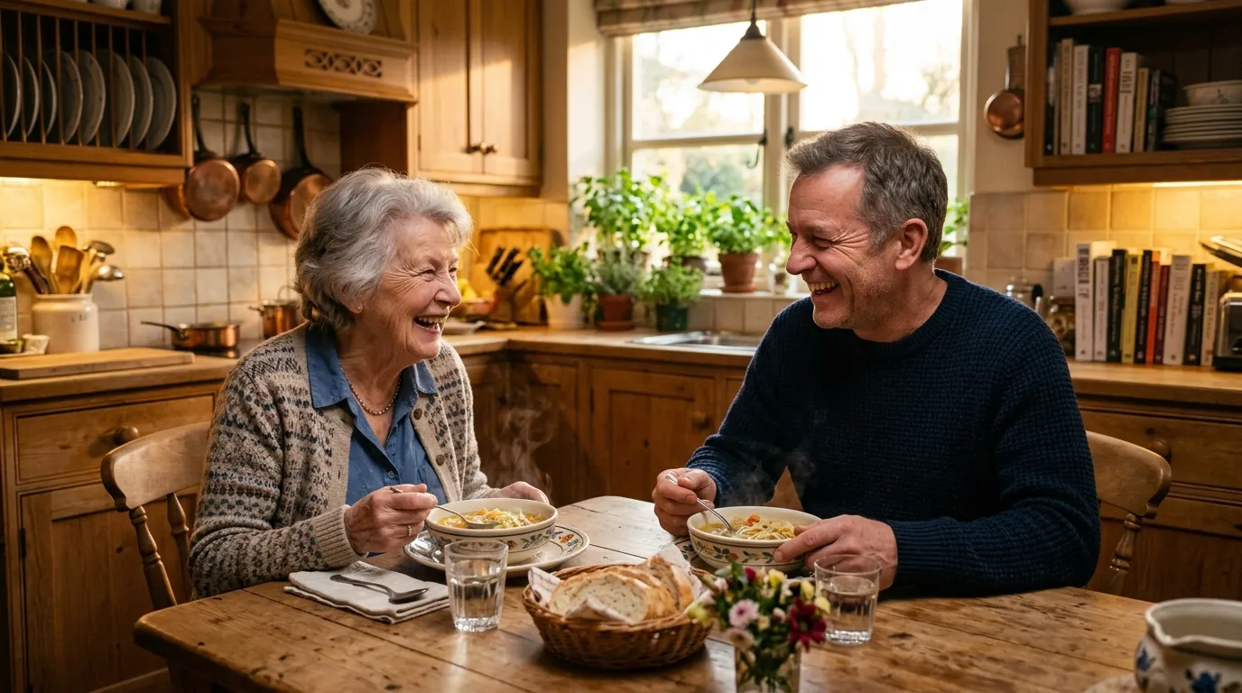 Mother and son sharing a warm meal and laughing at a kitchen table