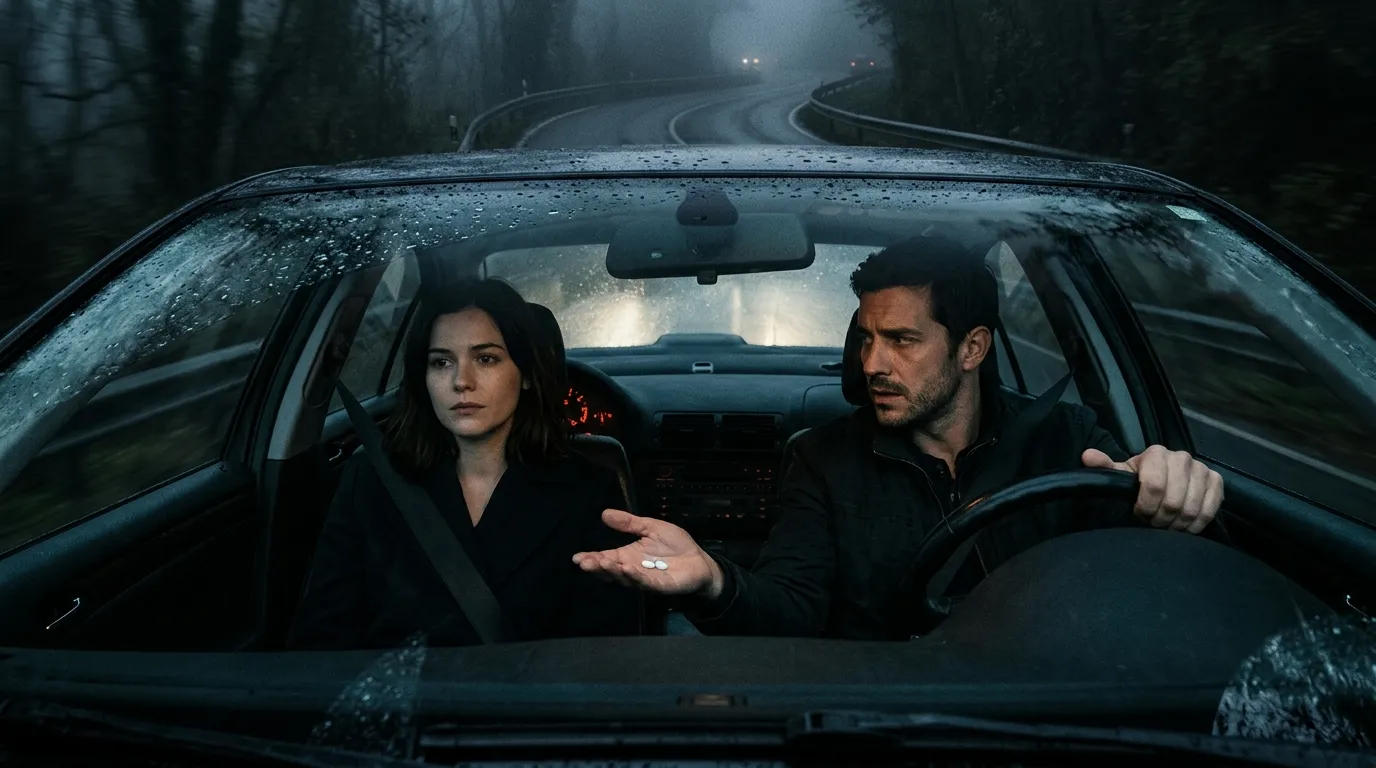 A tense moment inside a car on a rainy mountain road, a man offering white pills to a woman.