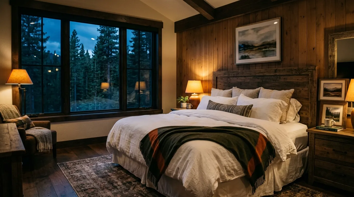 A rustic mountain hotel nestled in the pine trees at dusk with warm glowing lights.