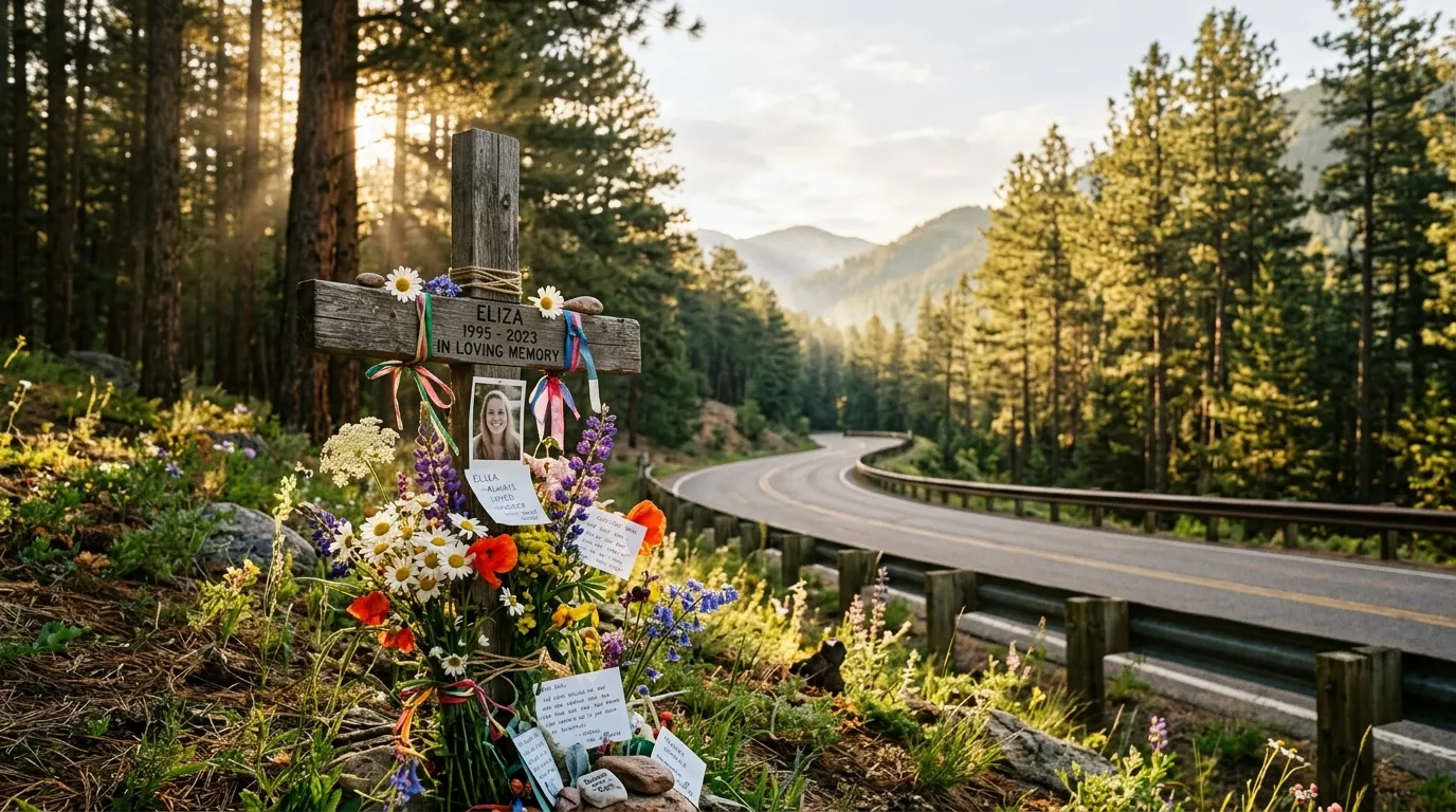 A peaceful memorial on a mountain road with fresh flowers swaying gently in the breeze