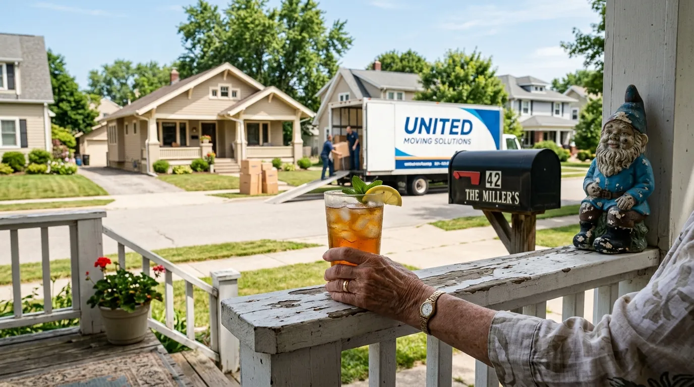 Older woman watching a moving truck from her porch with a glass of iced tea