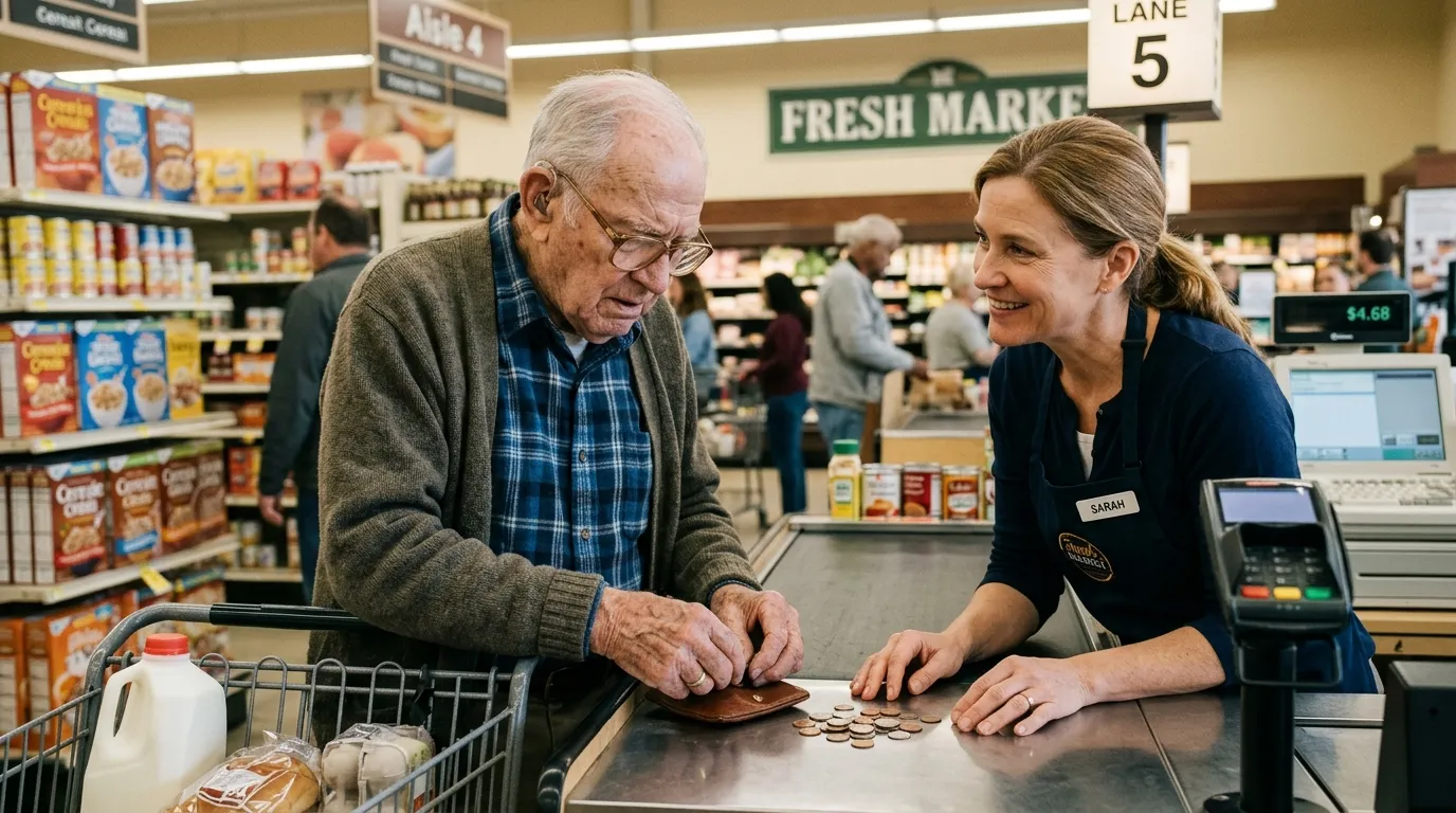 An elderly man nervously counting pennies at a grocery store checkout while a kind cashier watches patiently.