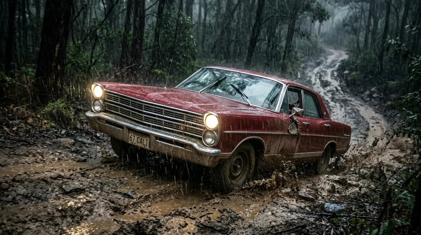Silas's cherry-red 1967 classic sedan driving bravely through a dark, muddy, and wooded dirt road during a heavy rainstorm.