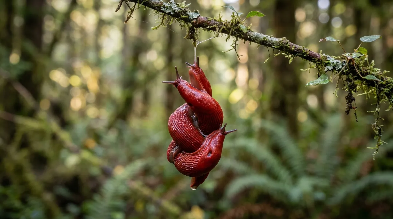 A mysterious, alien-like red creature resting on a green leaf in dim lighting.