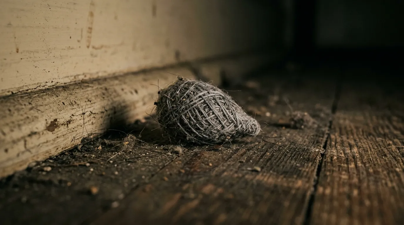 A close-up of a strange, woven tube of dust lying in the corner of a room.