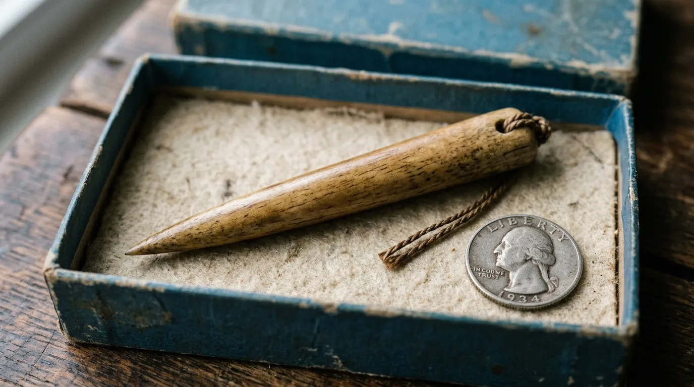 A small, smooth, pointed vintage tool resting in a blue box next to a coin for scale