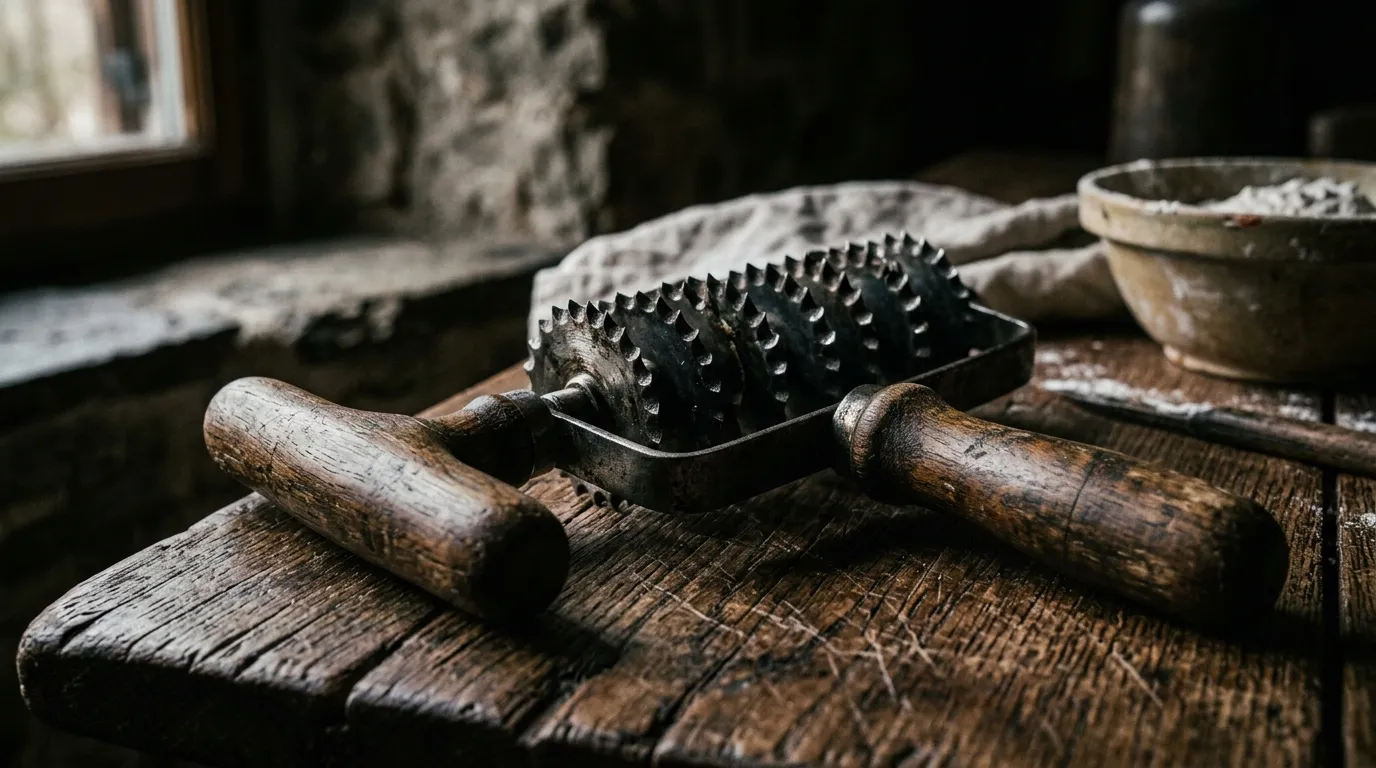 A vintage metal pastry lattice roller on a rustic wooden table