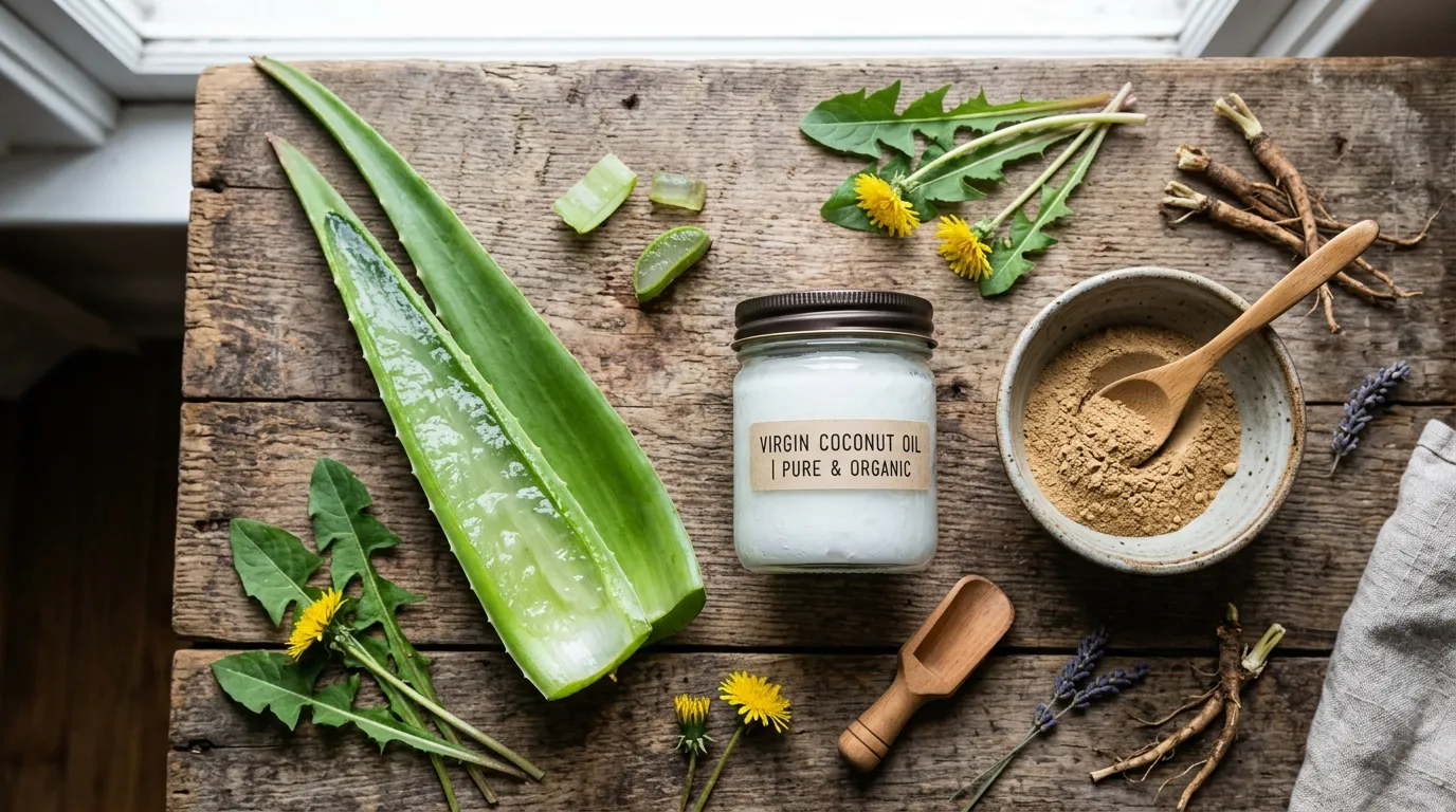 Natural skincare ingredients like aloe vera and coconut oil