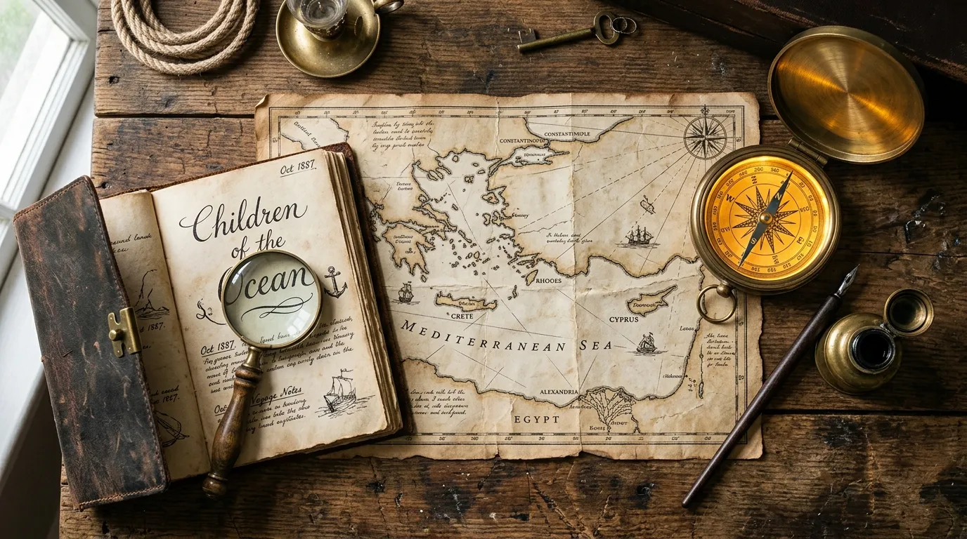 A rustic desk with a nautical map, golden compass, and a leather journal showing brainstorming notes.