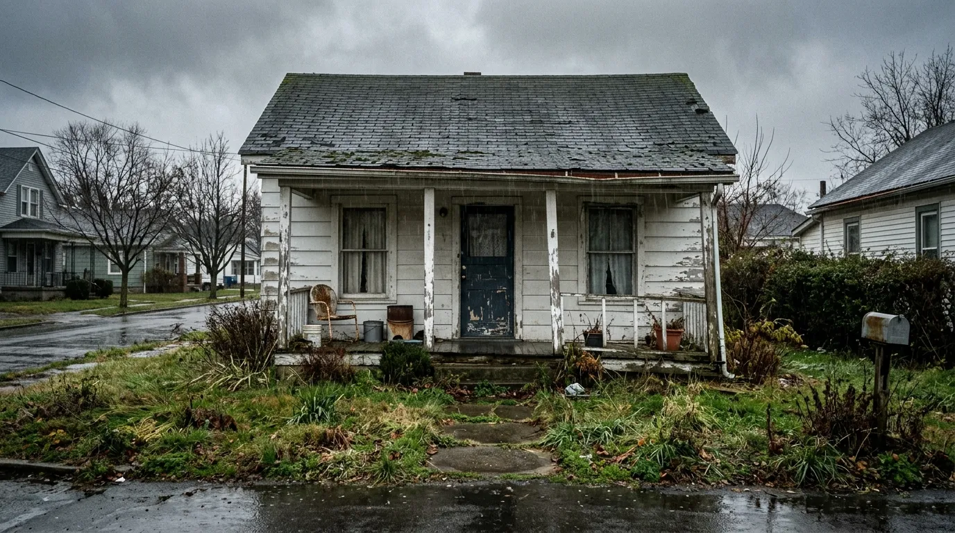 A small, neglected white house on a rainy day