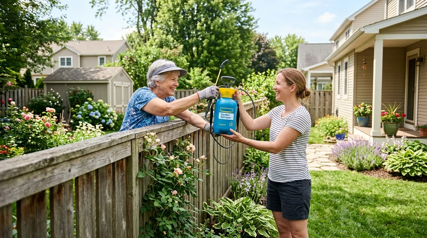 Neighbor handing a garden sprayer over the fence
