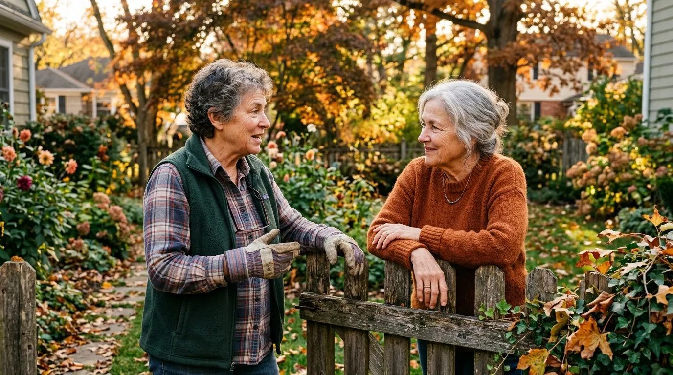 Two older women talking over a rustic wooden garden fence on a sunny autumn afternoon.