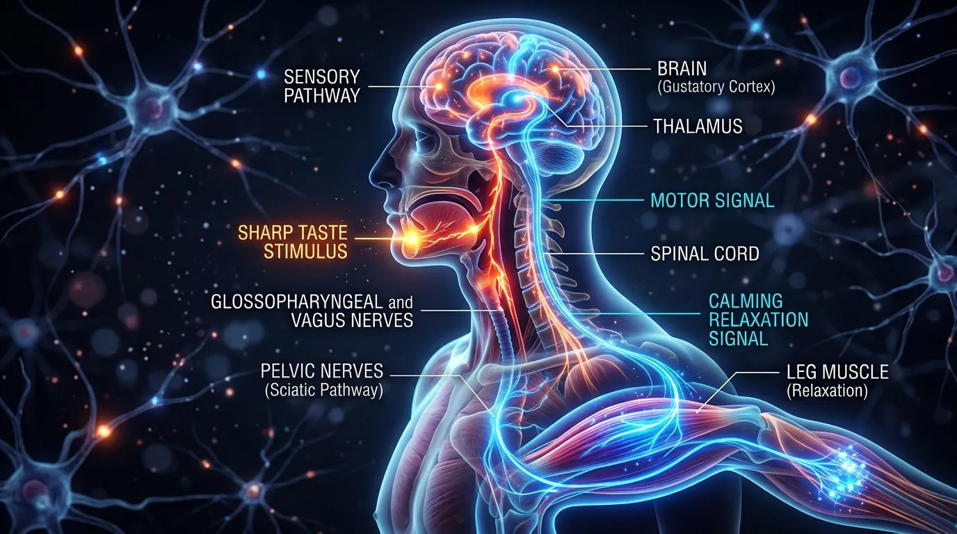 3D illustration showing nerve pathways from the throat to the brain and down to a muscle