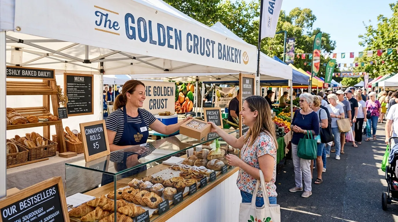 A thriving, busy bakery stall at a sunny farmers market