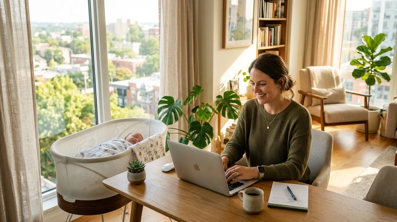 An independent woman working on a laptop in a sunny apartment with a baby bassinet