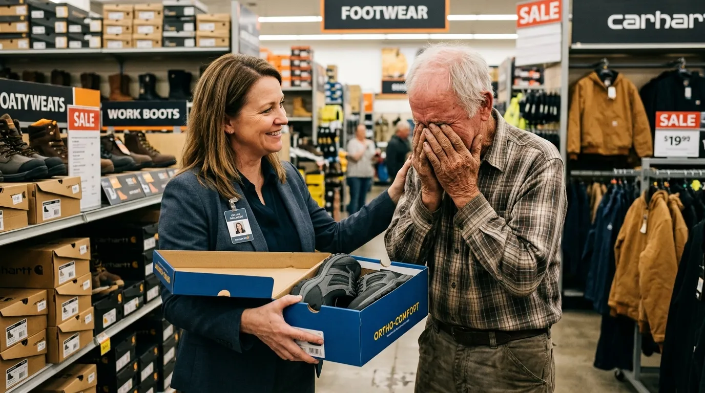 Manager handing new orthopedic shoes to an emotional elderly man in a store