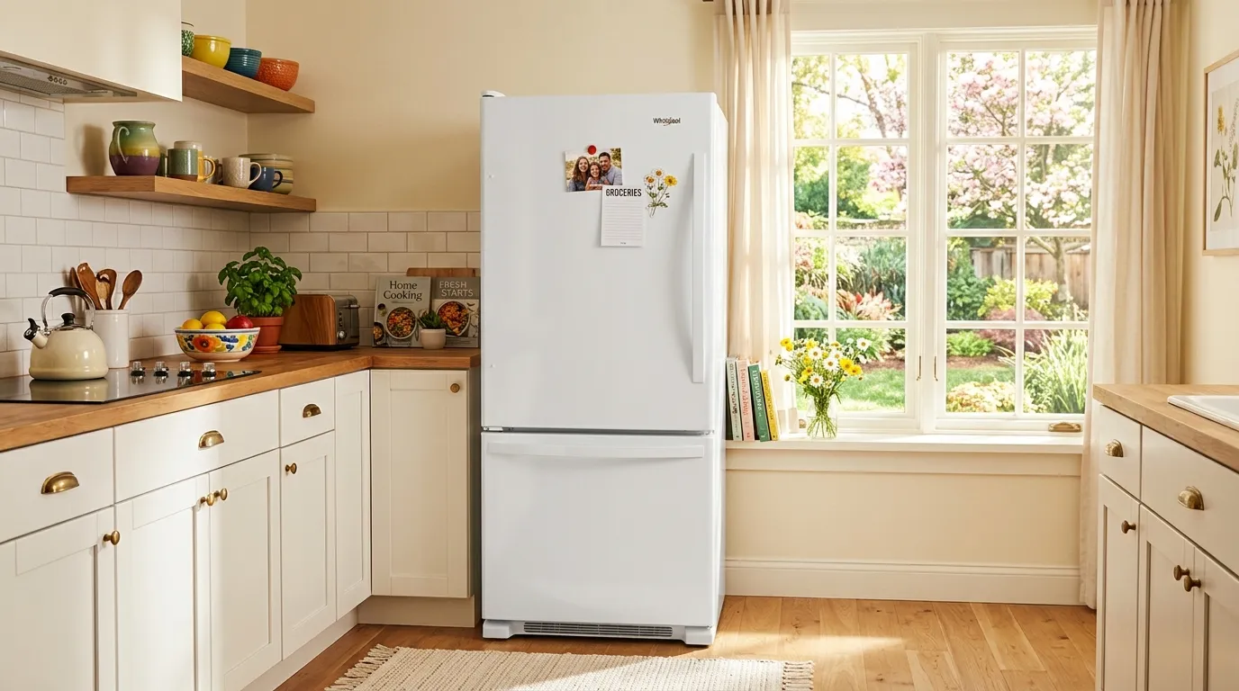 Brand new white refrigerator in a bright kitchen