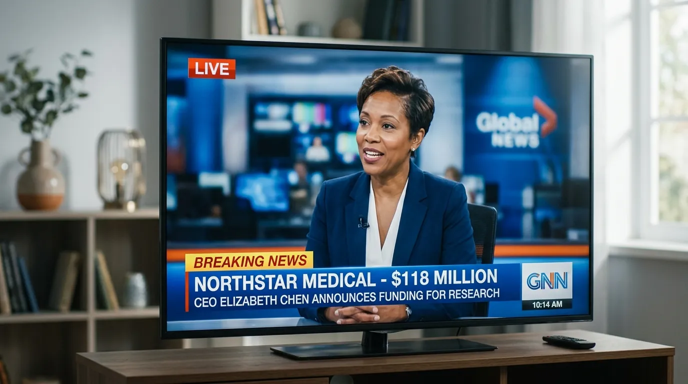 A television screen showing a news interview with a female CEO with a news ticker at the bottom