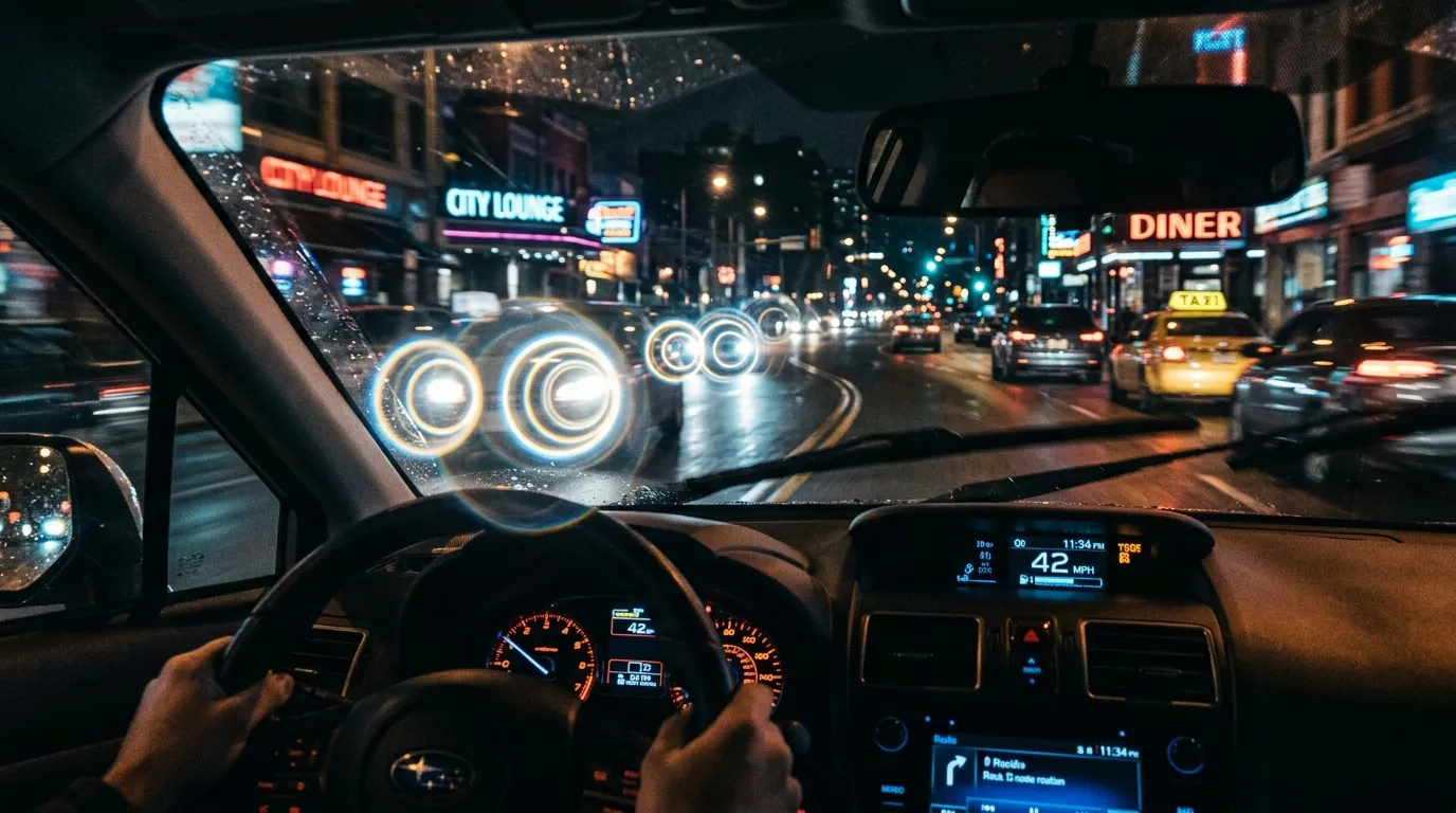 Concentric rings of light around car headlights at night