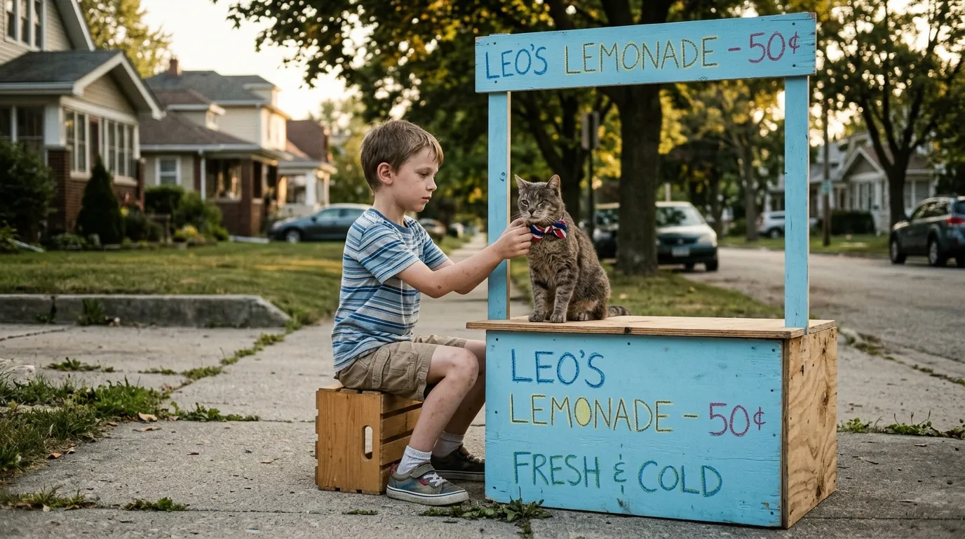 Frail boy with a one-eyed tabby cat at a lemonade stand