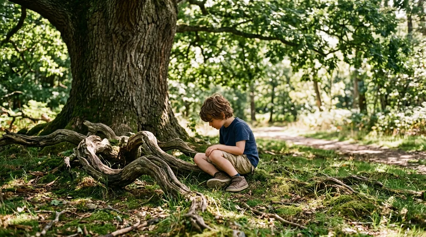 Noah sitting alone under a massive oak tree, tracing the twisted wooden roots in the grass