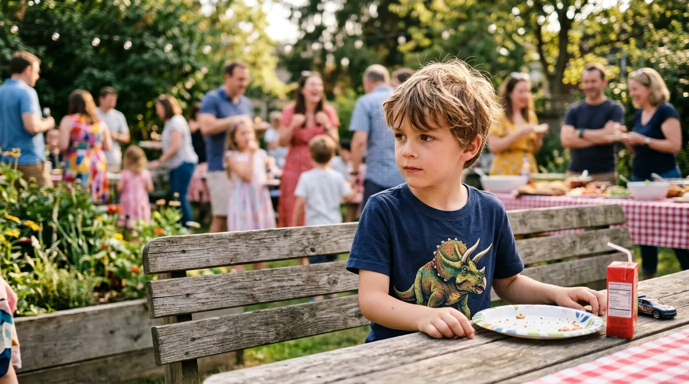 8-year-old Noah in his blue Triceratops shirt sitting carefully at a picnic table
