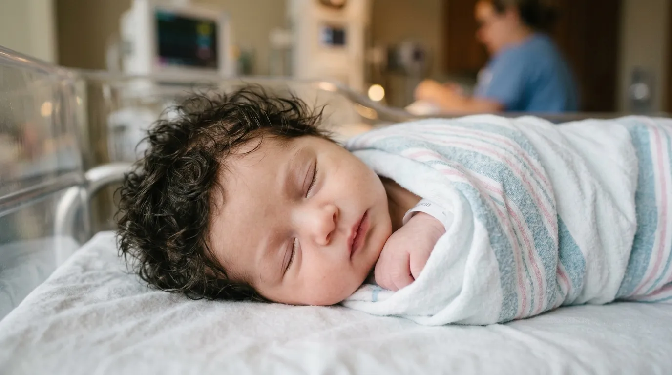 A sleeping newborn baby girl with dark curls and noticeably mismatched eyes wrapped in a soft hospital blanket.