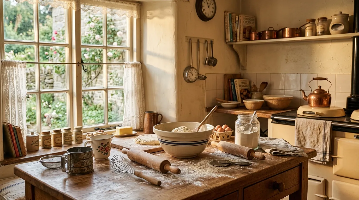 A warm, nostalgic kitchen setting featuring traditional wooden baking tools